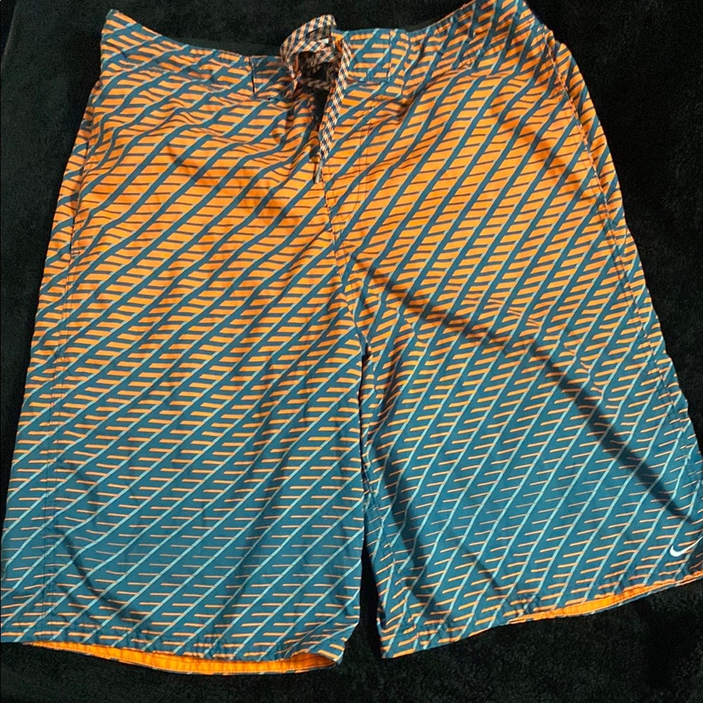 Nike Blue and Orange Swim Trunks with Chevron Design